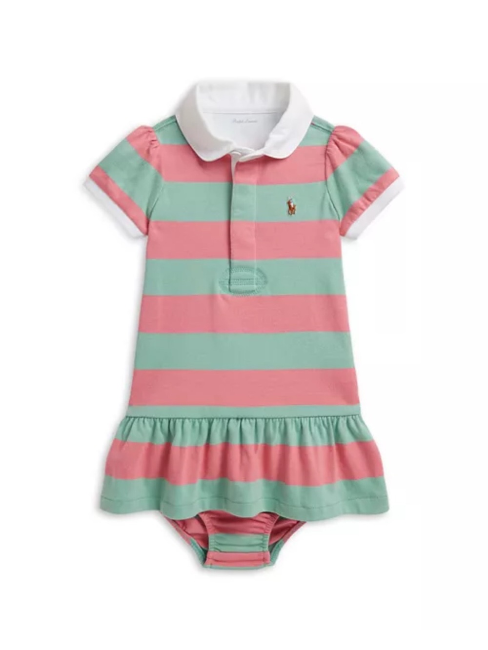 Ralph Lauren Pink and Mint Striped Polo Dress Bodysuit with White Collar